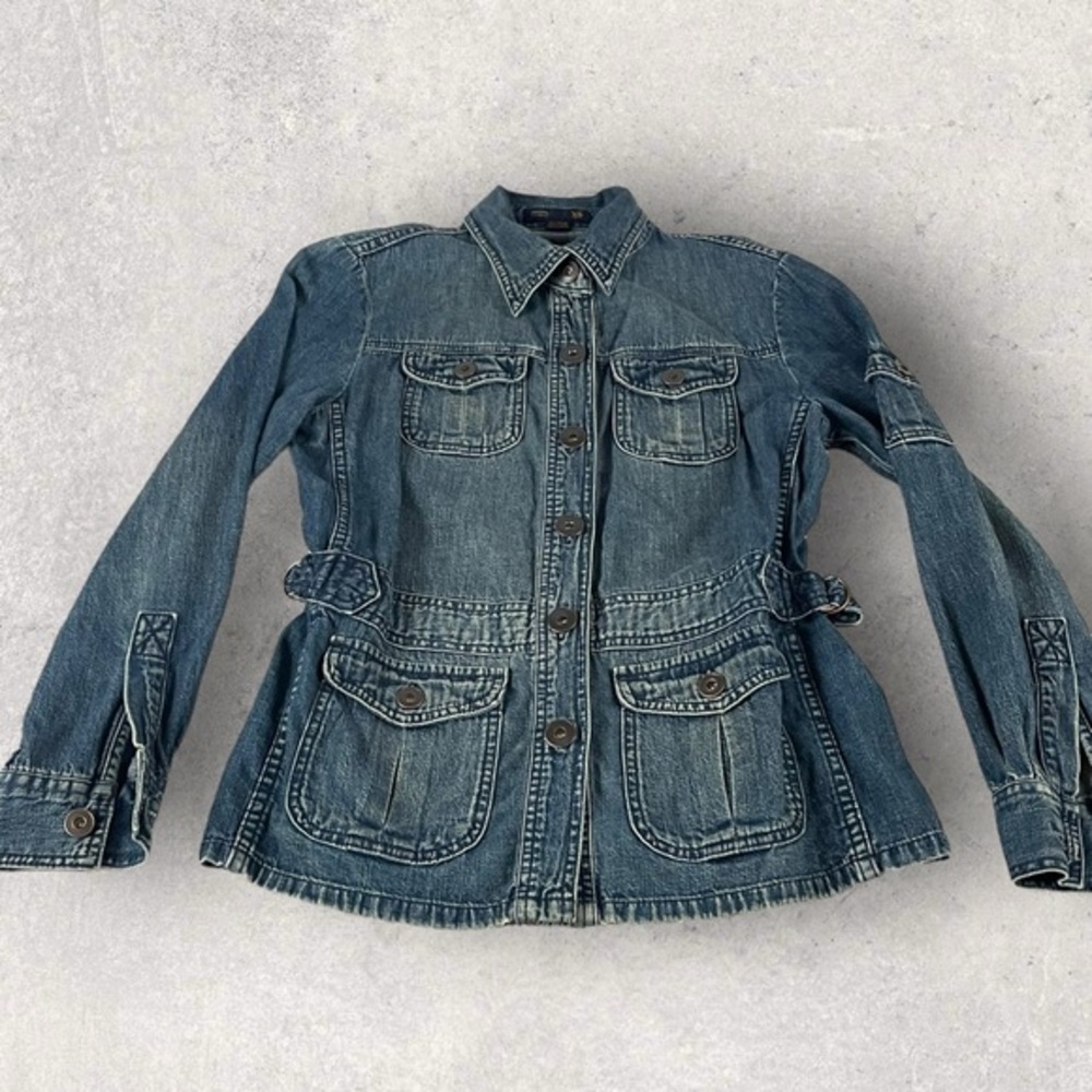 J Crew Denim Jacket Womens XS Button Up Denim Trucker Buckle Y2K D1